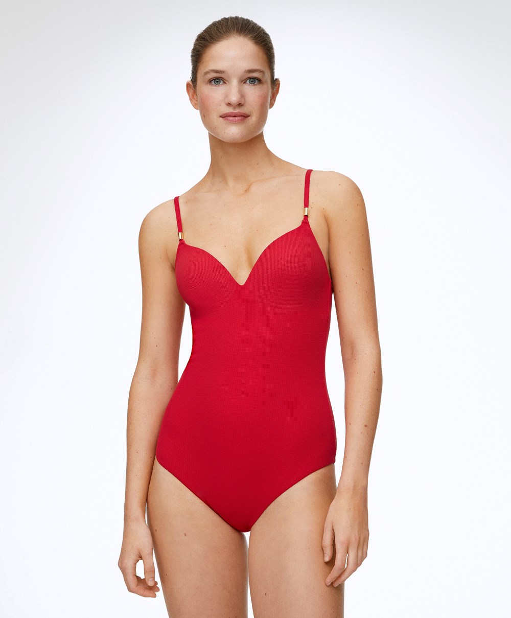 Oysho Piqué Triangle Swimsuit Piros | EVYLAS-213