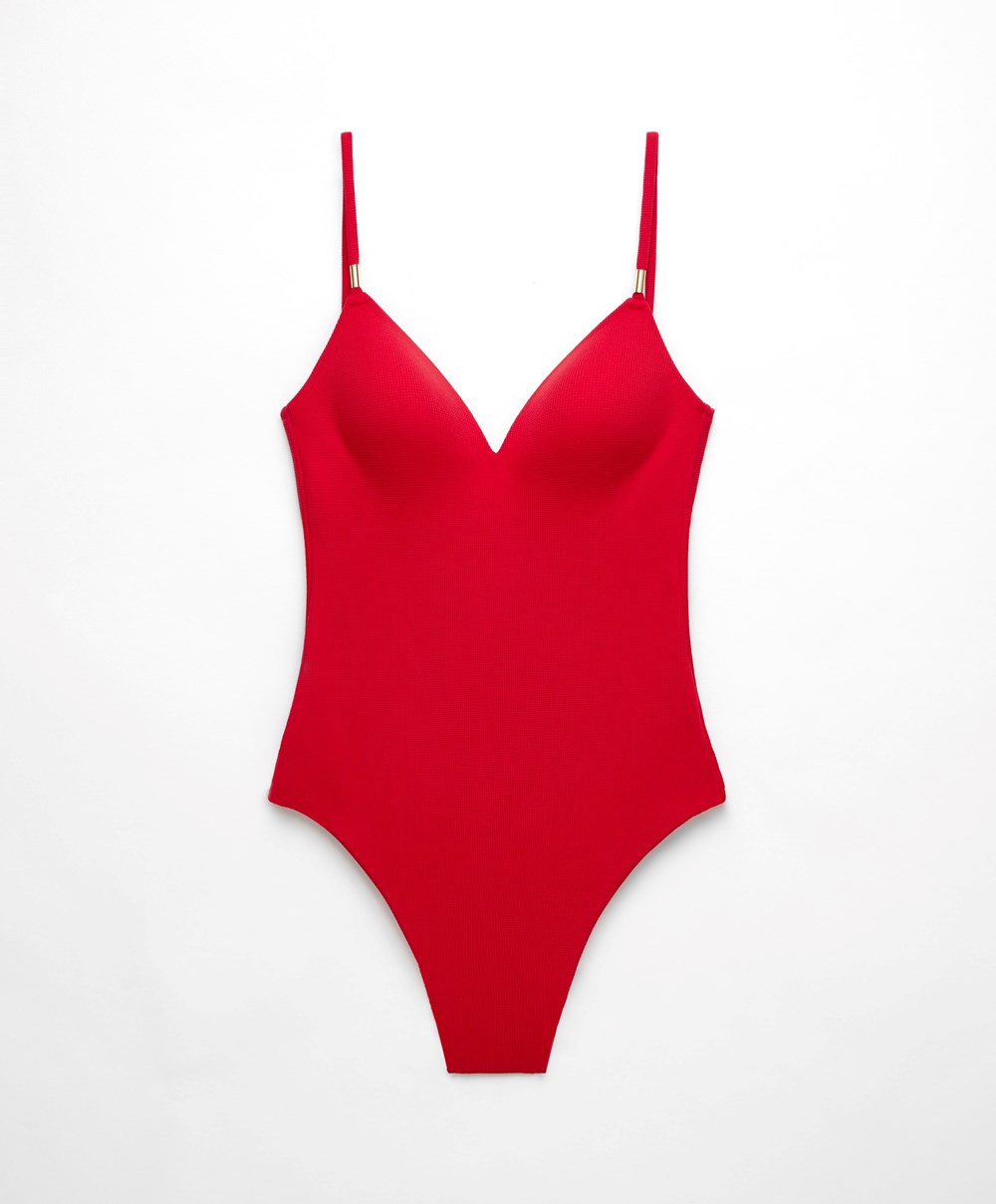 Oysho Piqué Triangle Swimsuit Piros | GQVZCR-750