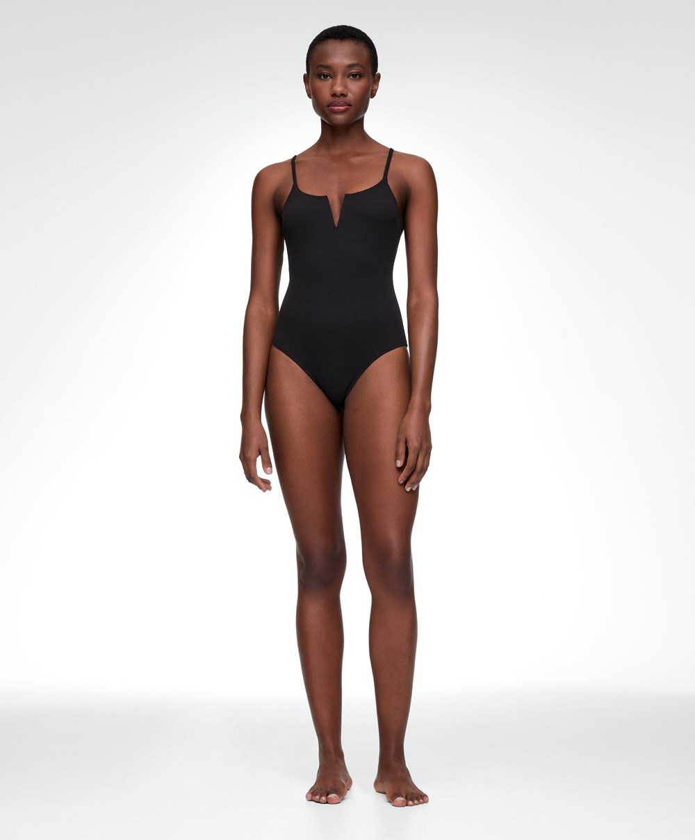 Oysho Piqué V-neck Swimsuit Fekete | LXQZPV-290