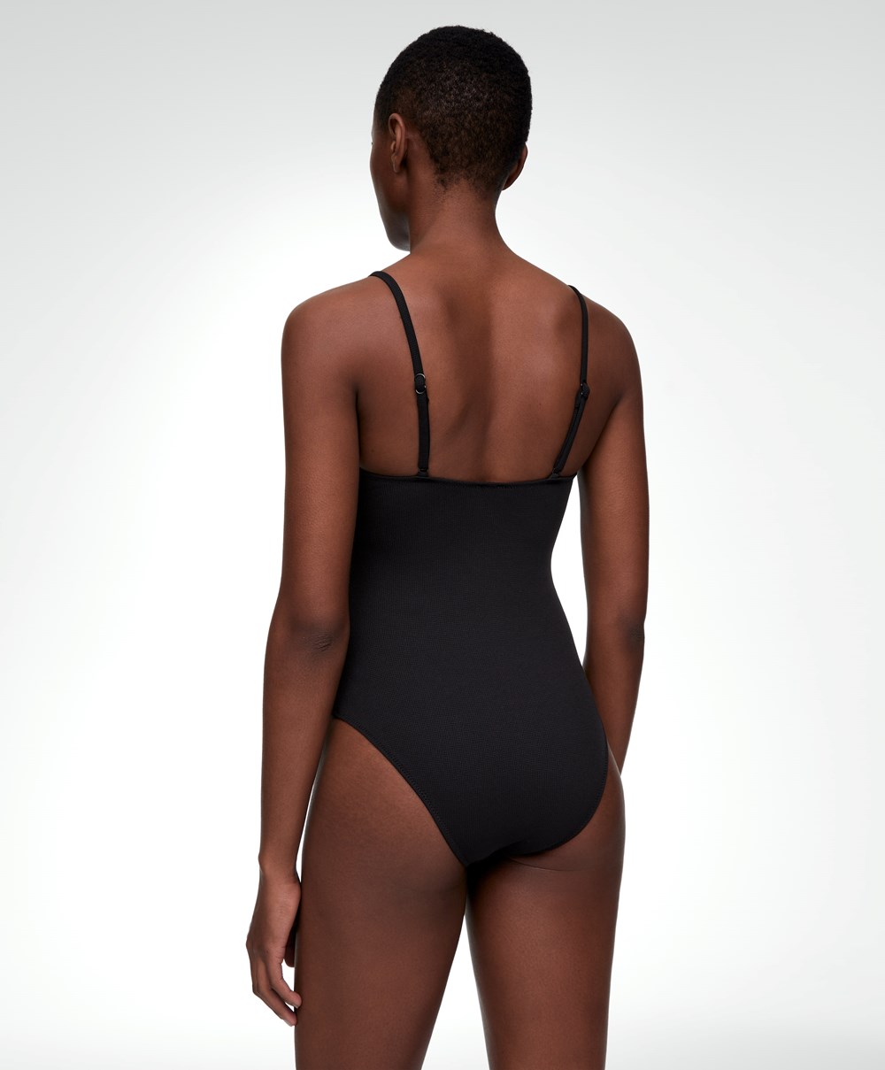 Oysho Piqué V-neck Swimsuit Fekete | LXQZPV-290