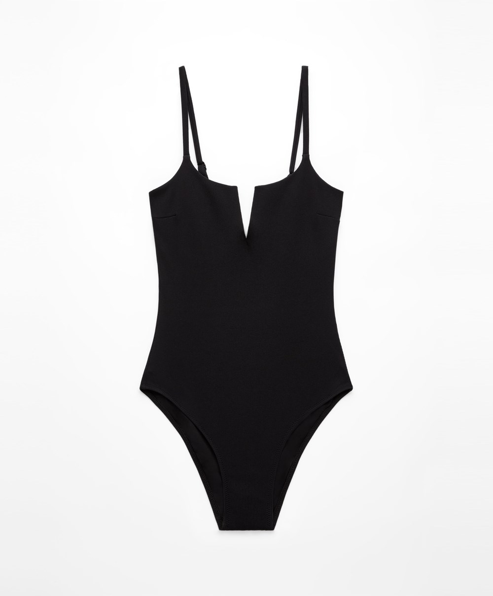 Oysho Piqué V-neck Swimsuit Fekete | LXQZPV-290