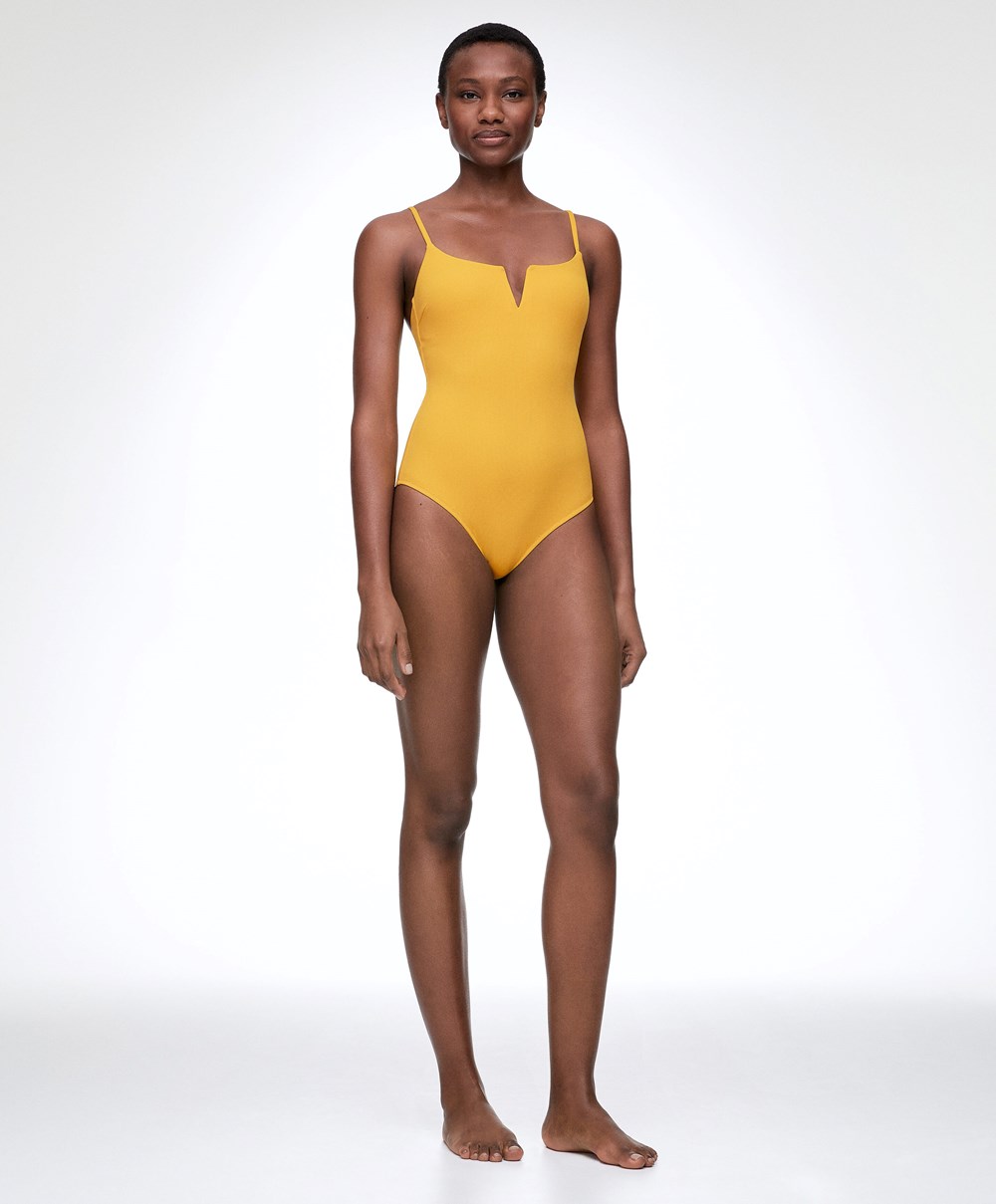 Oysho Piqué V-neck Swimsuit Mid-yellow | DLMBCQ-637