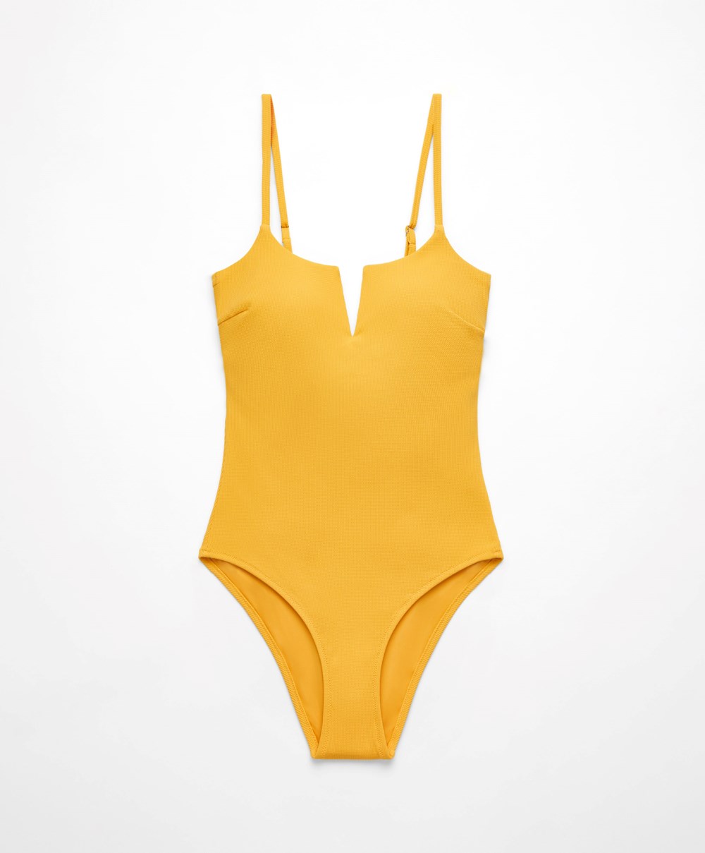 Oysho Piqué V-neck Swimsuit Mid-yellow | DLMBCQ-637