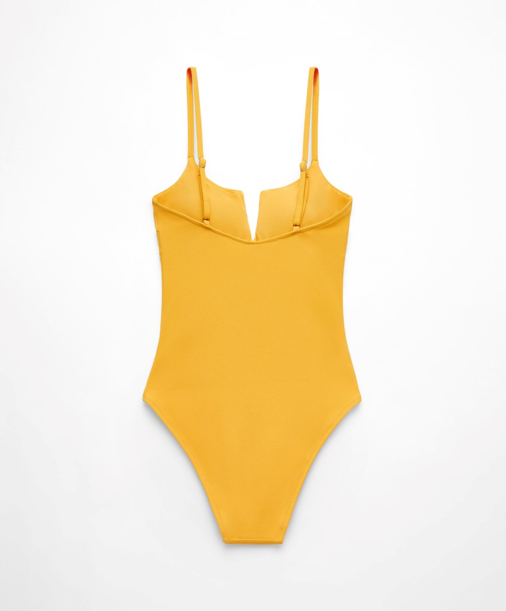 Oysho Piqué V-neck Swimsuit Mid-yellow | DLMBCQ-637