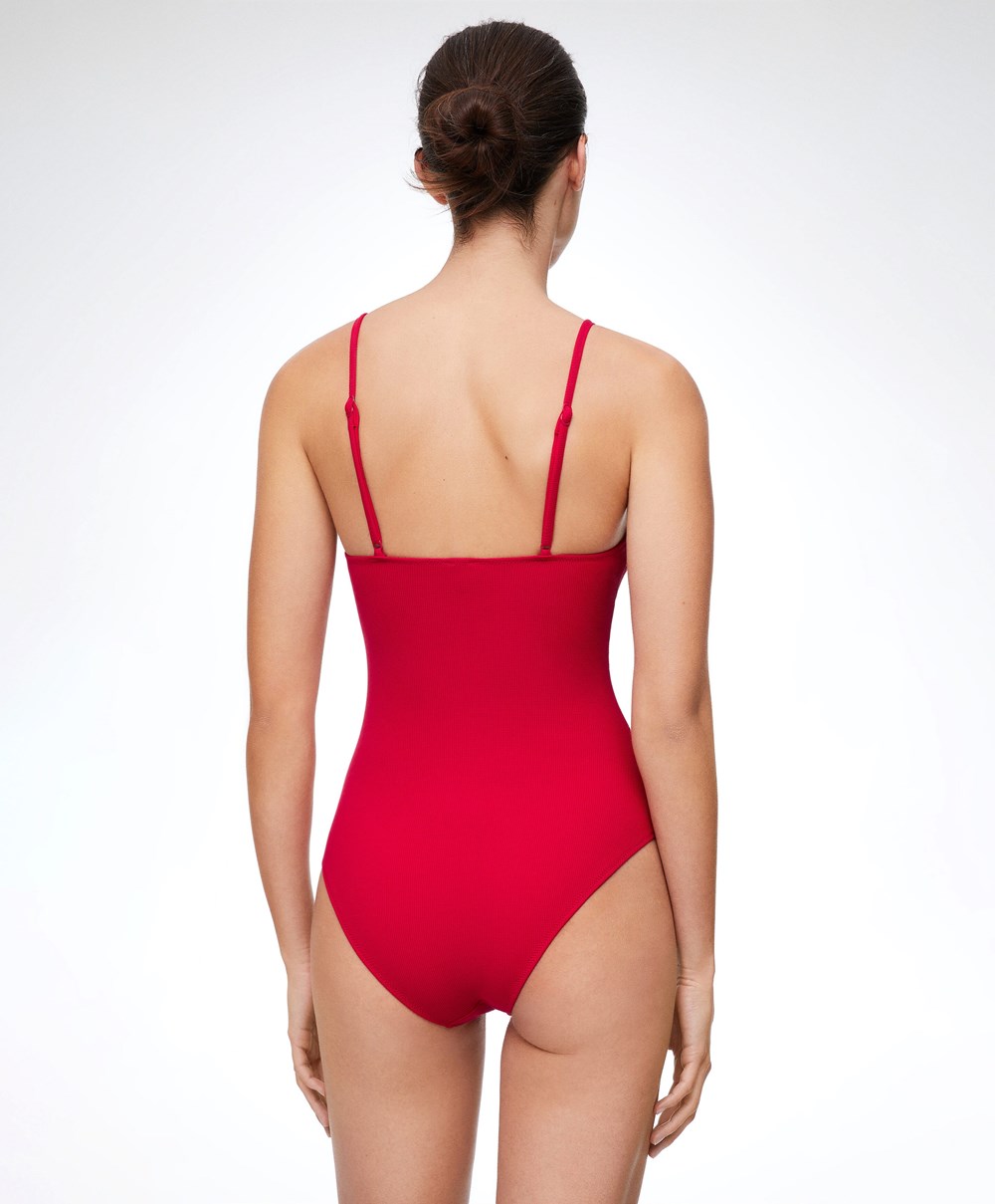 Oysho Piqué V-neck Swimsuit Piros | JRBAGL-284