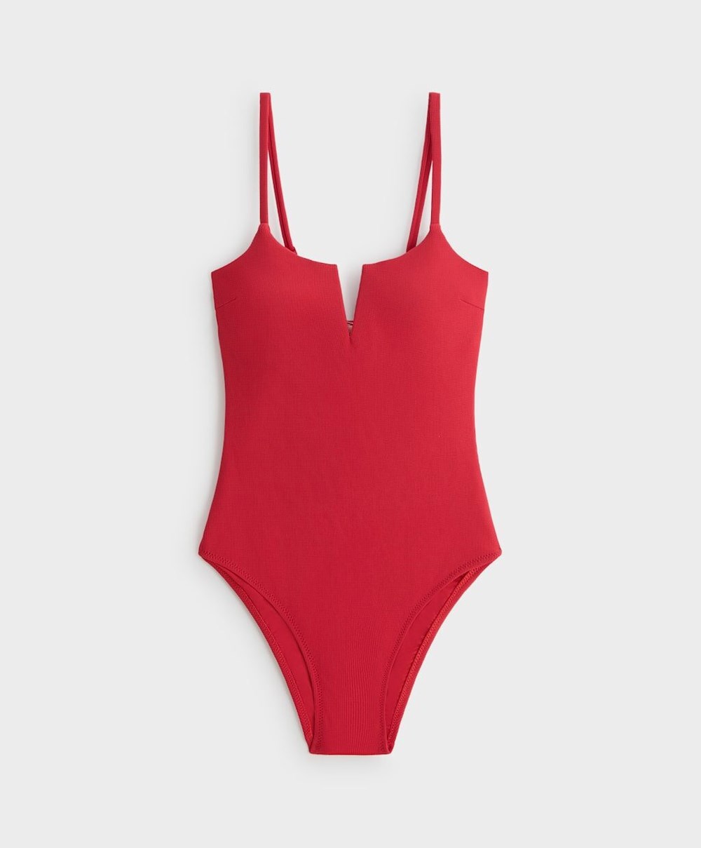 Oysho Piqué V-neck Swimsuit Piros | JRBAGL-284