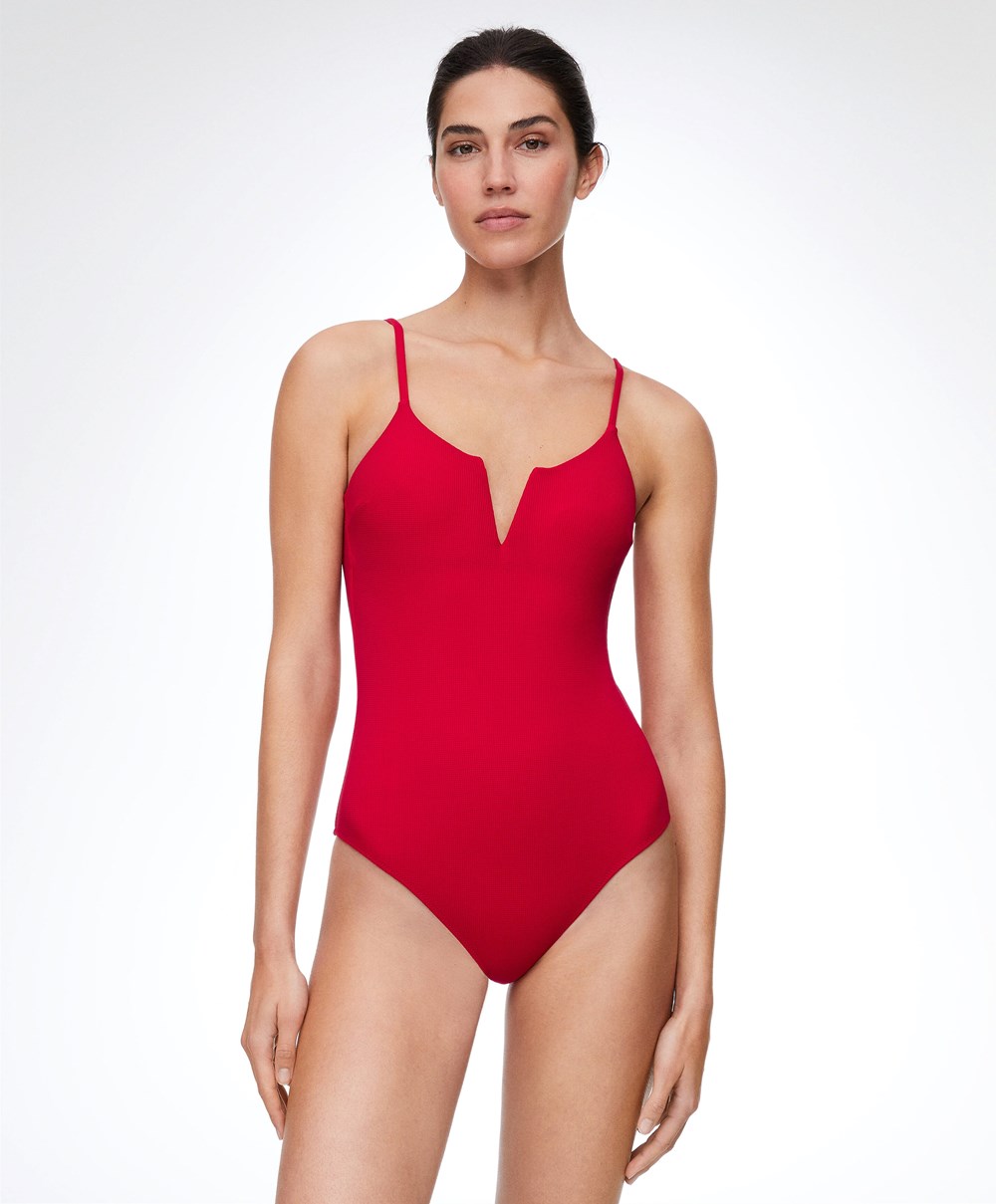 Oysho Piqué V-neck Swimsuit Piros | JRBAGL-284