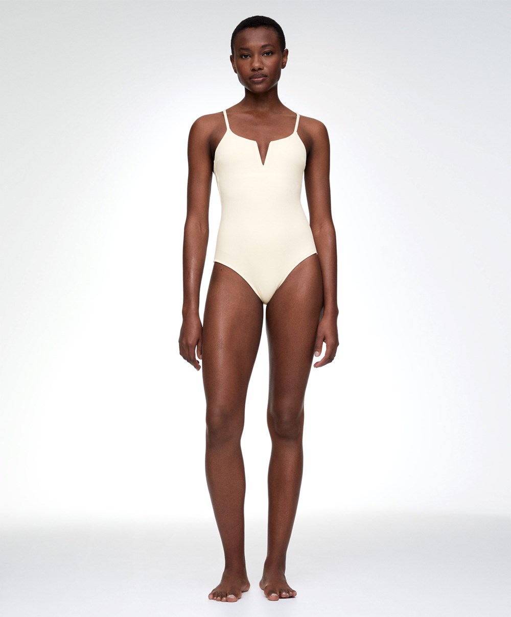 Oysho Piqué V-neck Swimsuit Vanilla | JRWZXK-243