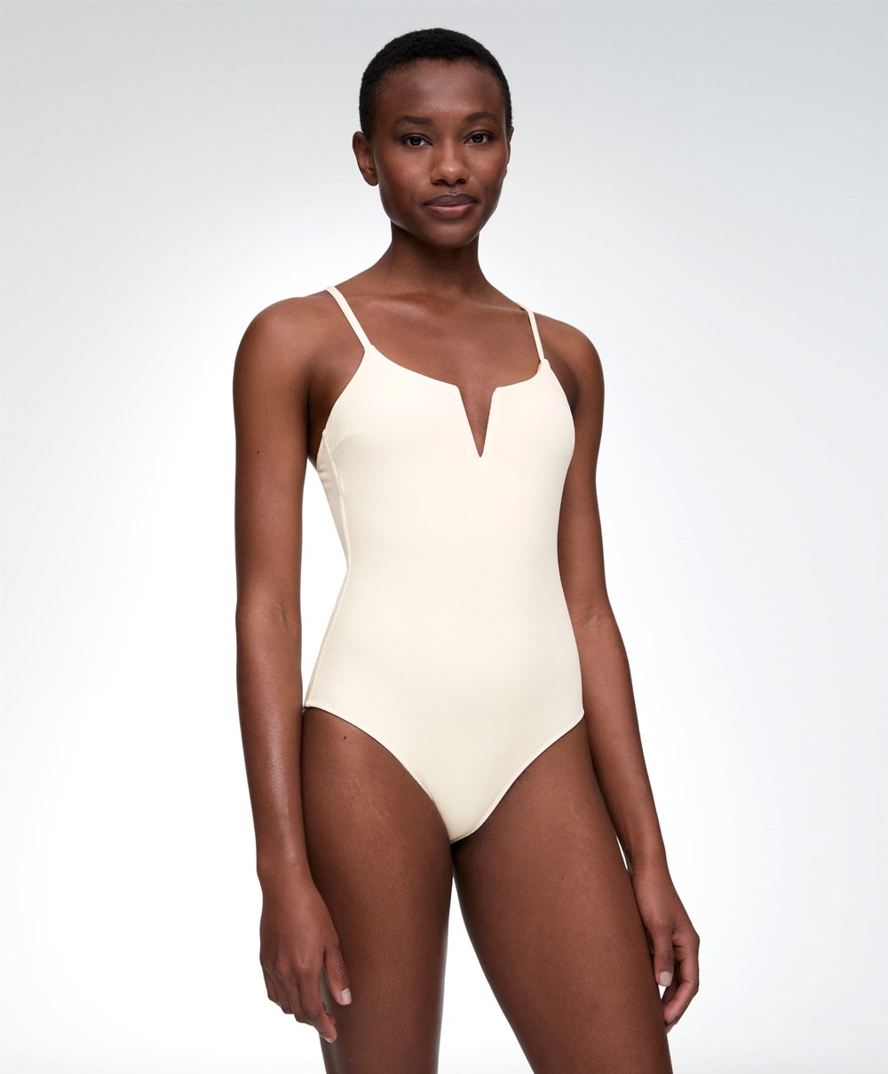 Oysho Piqué V-neck Swimsuit Vanilla | OZXGRA-402