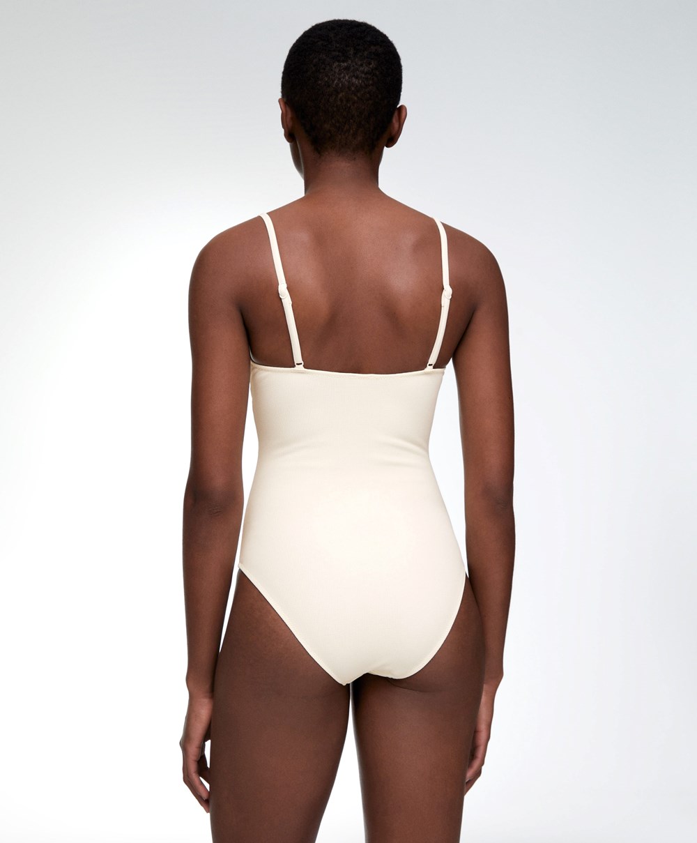 Oysho Piqué V-neck Swimsuit Vanilla | OZXGRA-402