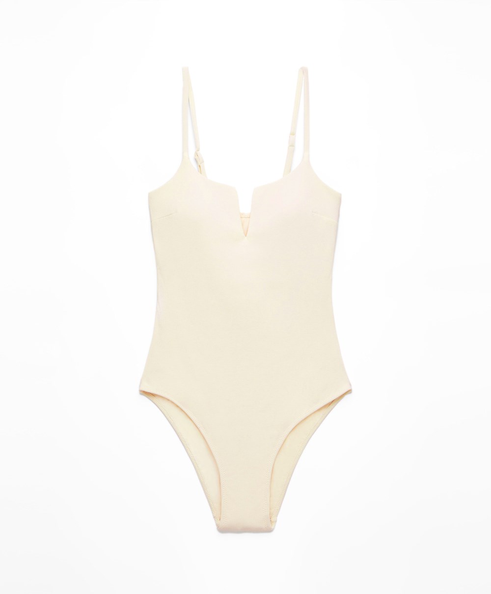 Oysho Piqué V-neck Swimsuit Vanilla | OZXGRA-402