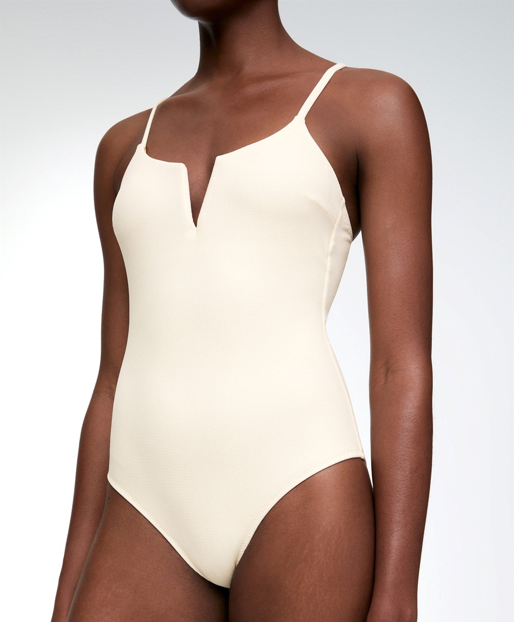 Oysho Piqué V-neck Swimsuit Vanilla | OZXGRA-402