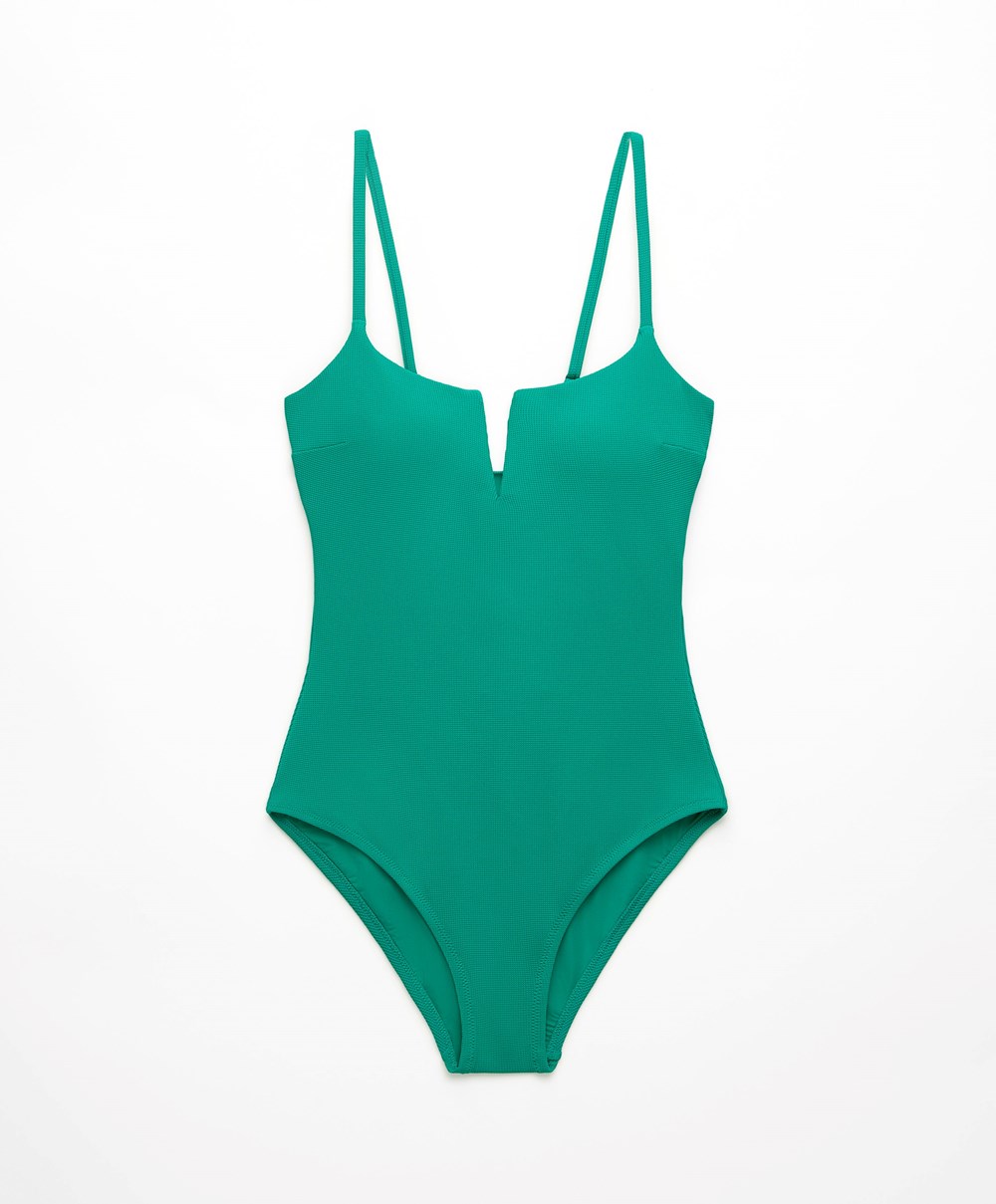 Oysho Piqué V-neck Swimsuit Világos Türkiz | BAVDME-372