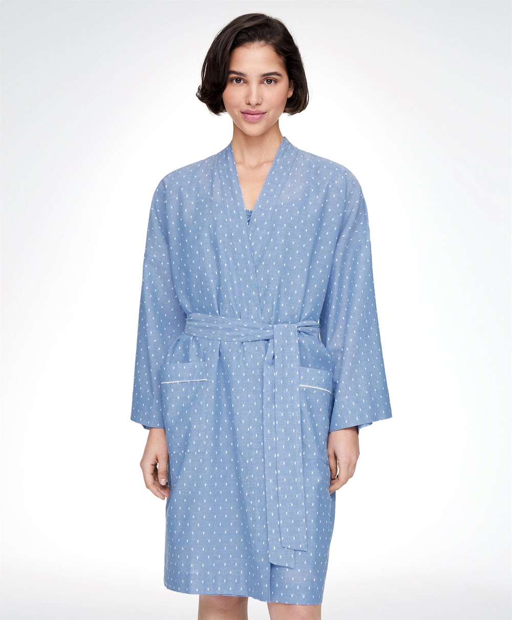 Oysho Plumeti Dressing Gown Kék | DEBCKM-832