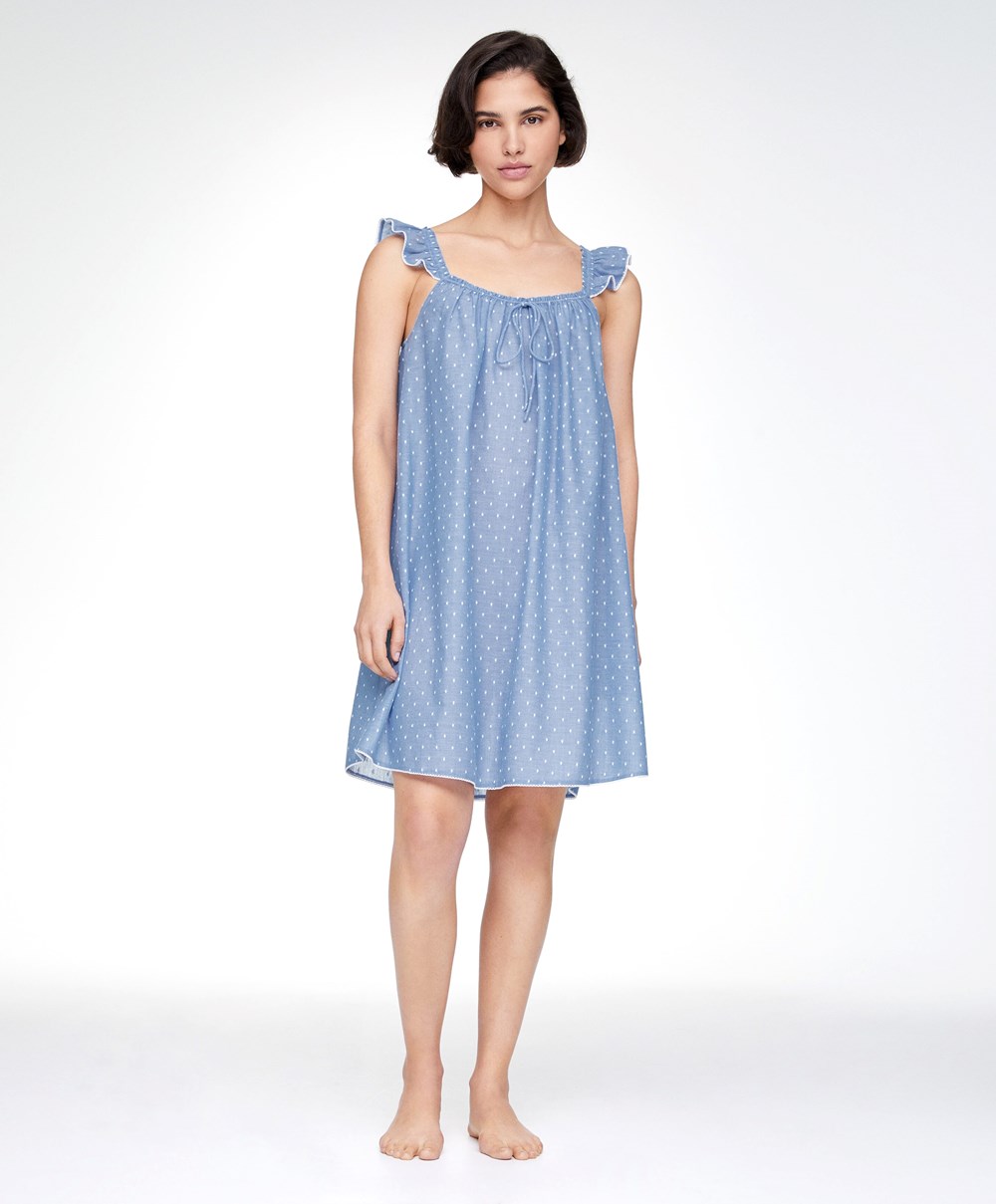 Oysho Plumeti Rövid Nightdress Kék | XGAPIB-981