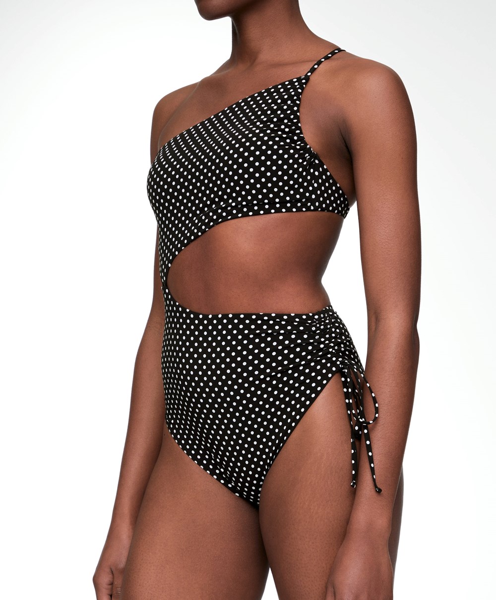 Oysho Polka Dot Asymmetric Trikini Fekete | VWZJPU-895