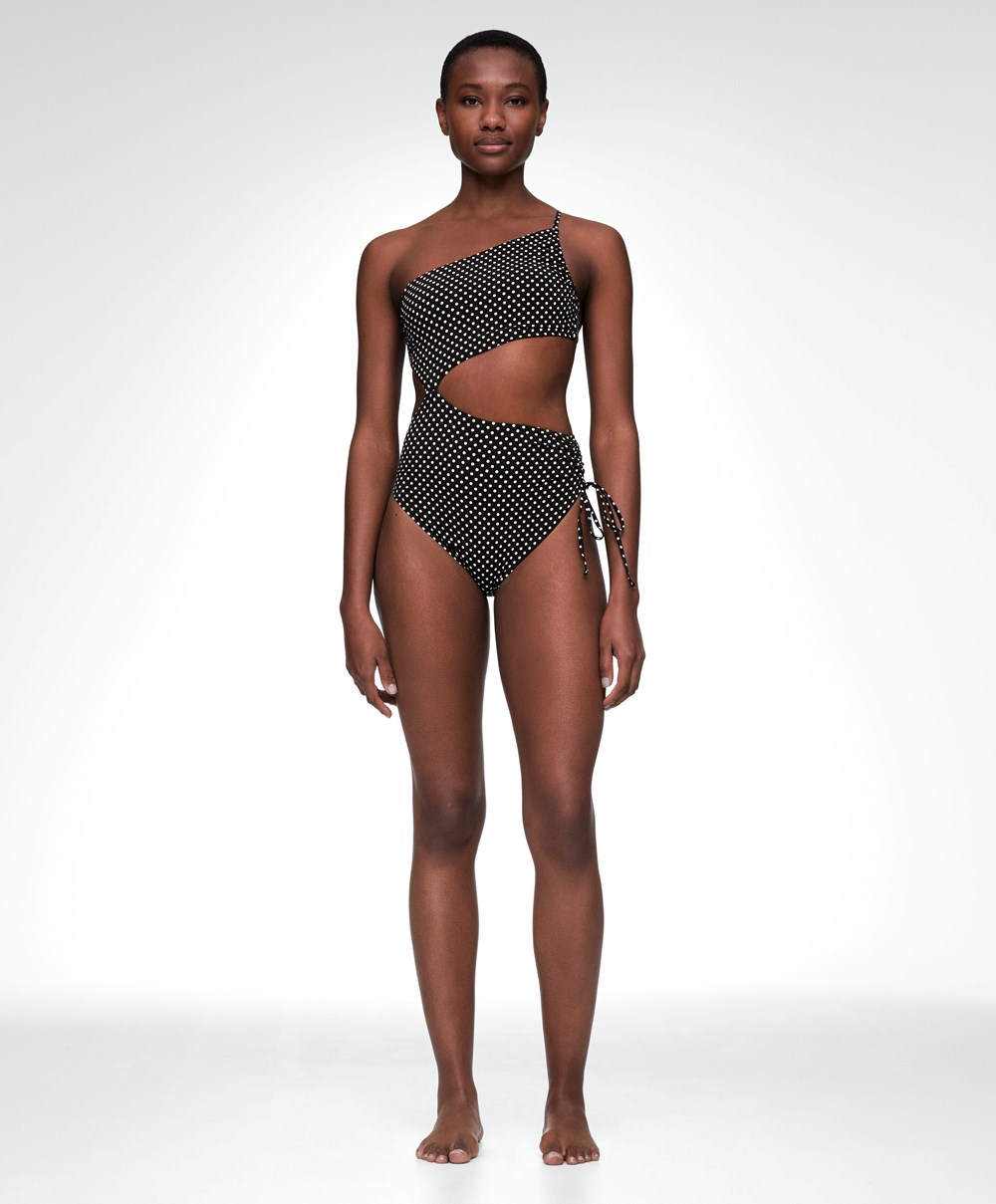 Oysho Polka Dot Asymmetric Trikini Fekete | VWZJPU-895