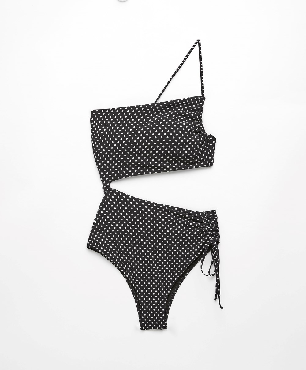 Oysho Polka Dot Asymmetric Trikini Fekete | VWZJPU-895