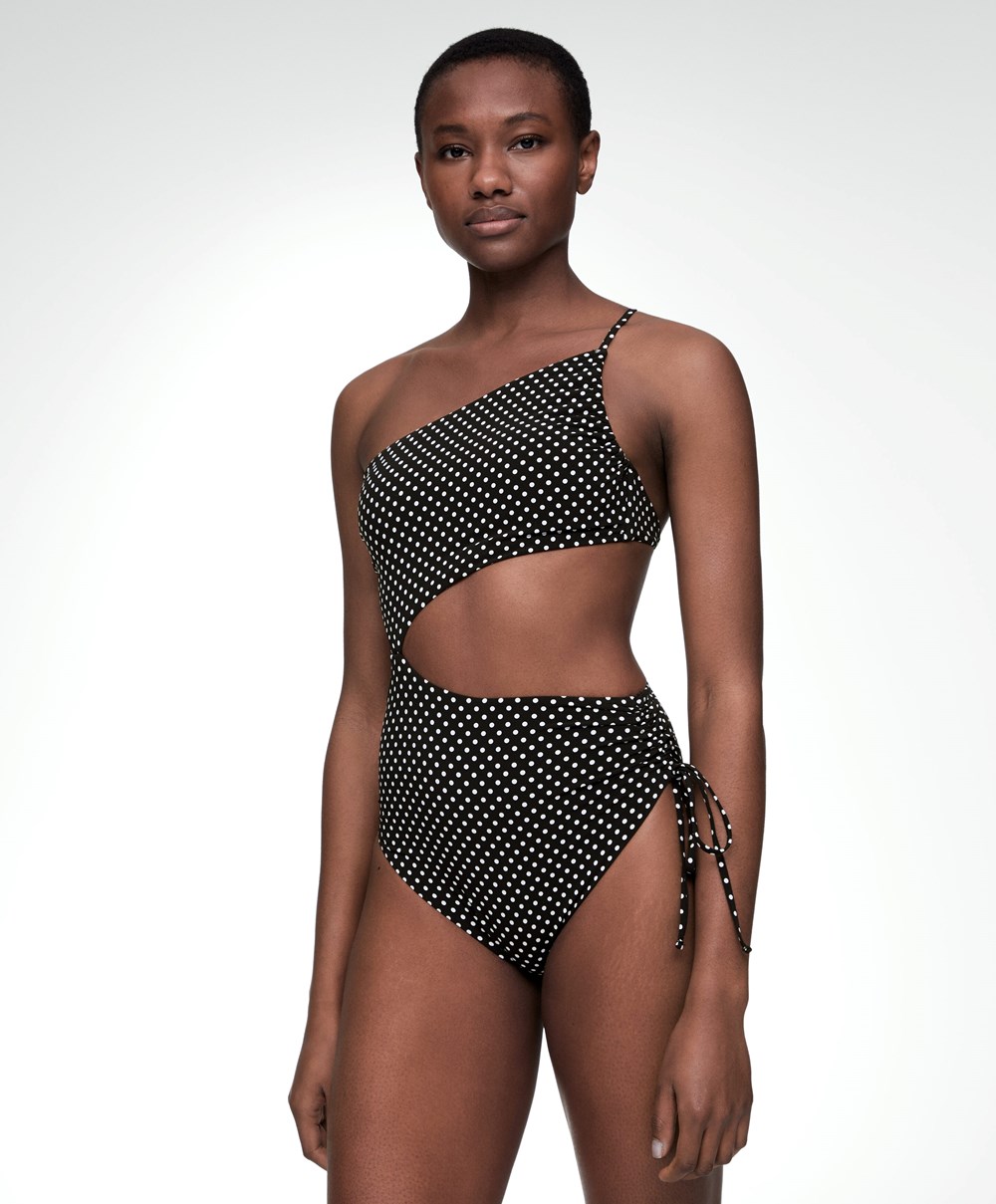 Oysho Polka Dot Asymmetric Trikini Fekete | VWZJPU-895