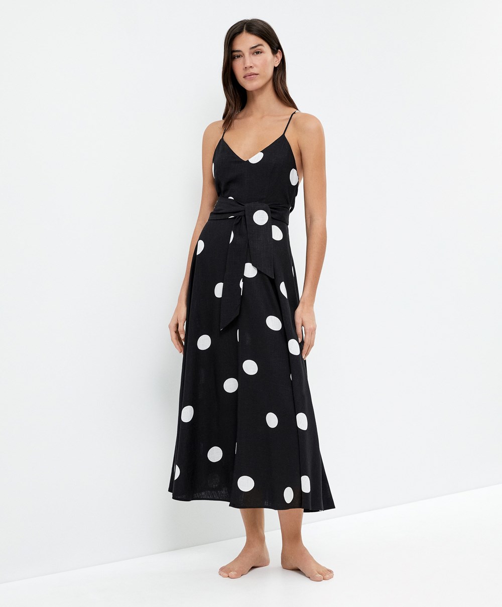 Oysho Polka Dot Pántos Midi Ruha Fekete | DORTWP-751