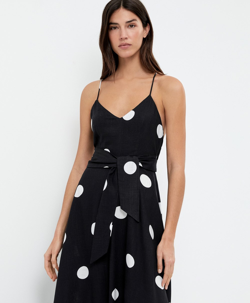 Oysho Polka Dot Pántos Midi Ruha Fekete | DORTWP-751