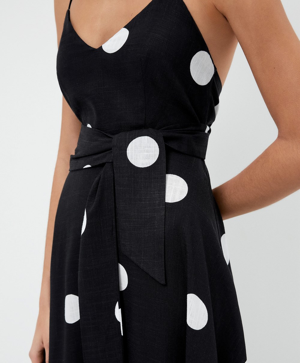 Oysho Polka Dot Pántos Midi Ruha Fekete | DORTWP-751