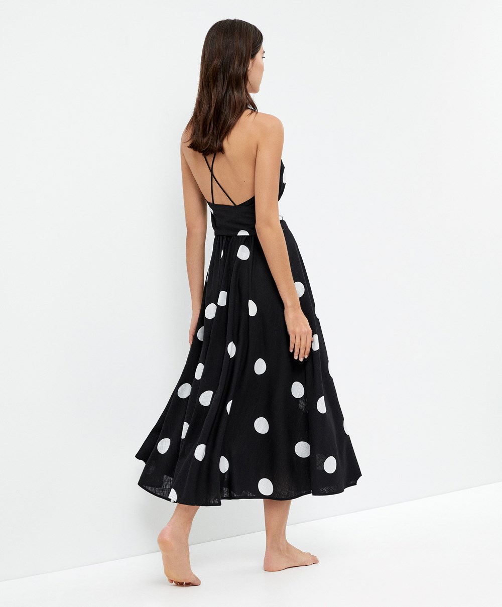 Oysho Polka Dot Pántos Midi Ruha Fekete | DORTWP-751