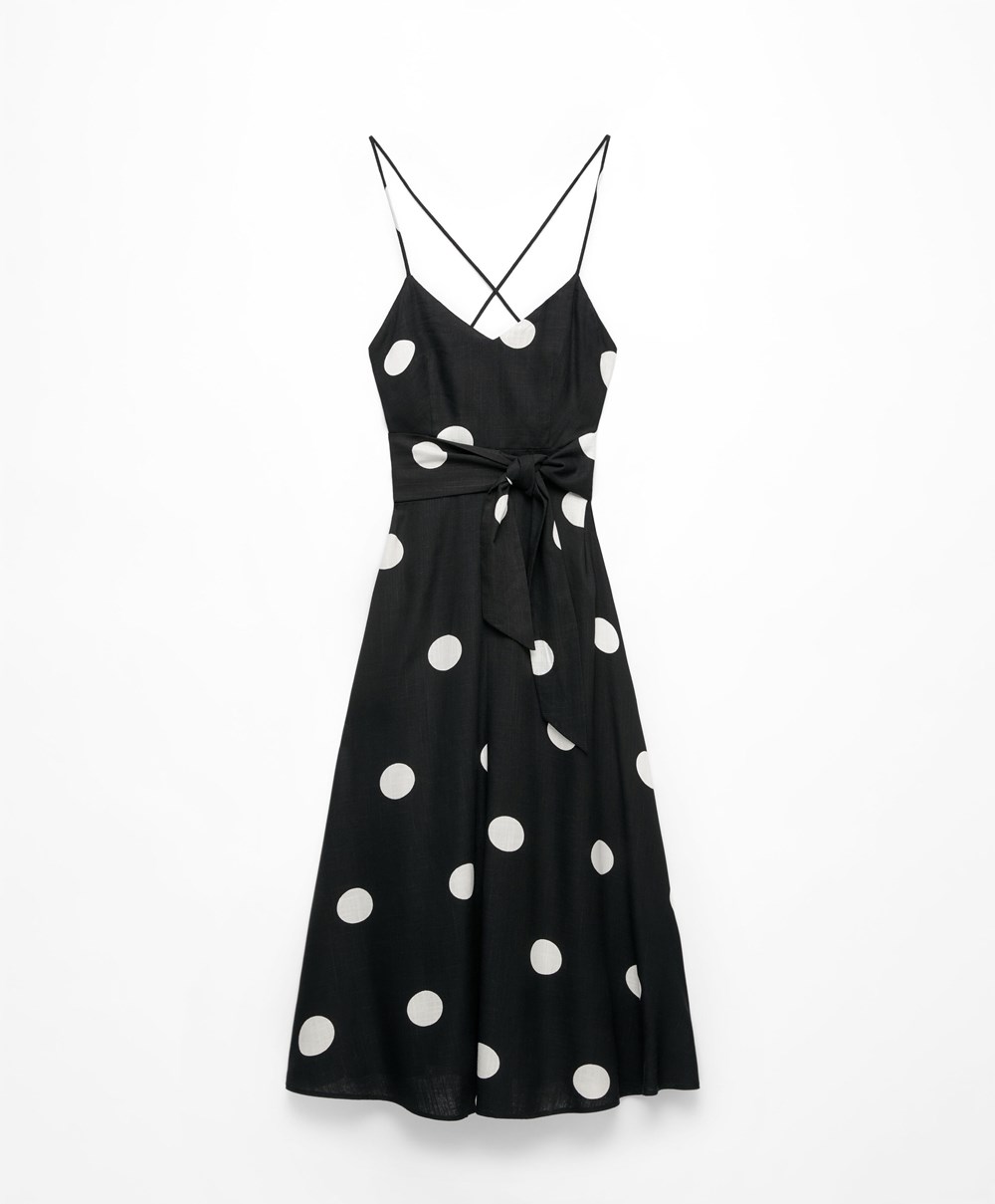 Oysho Polka Dot Pántos Midi Ruha Fekete | DORTWP-751