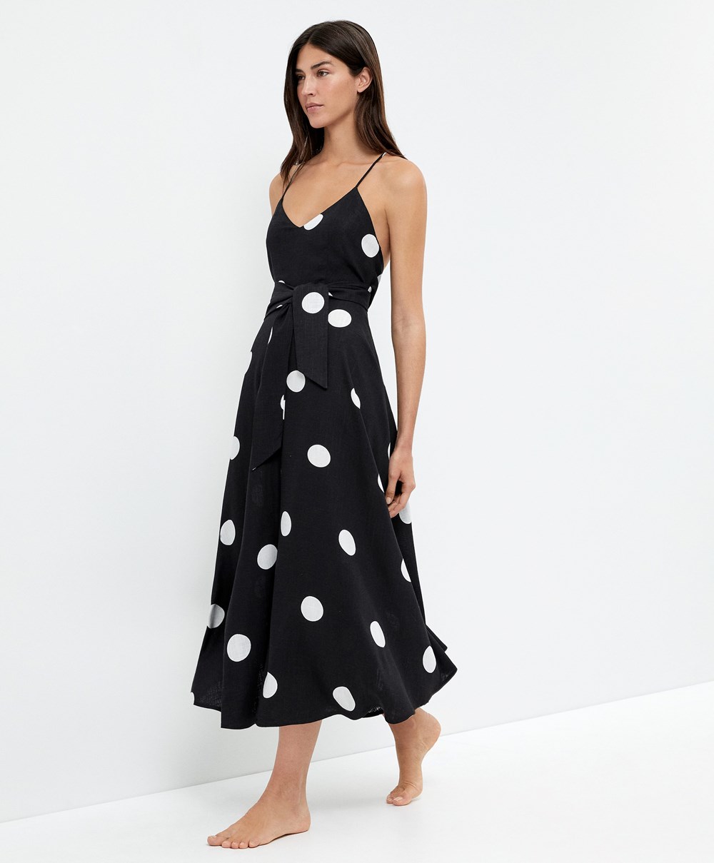 Oysho Polka Dot Pántos Midi Ruha Fekete | DORTWP-751