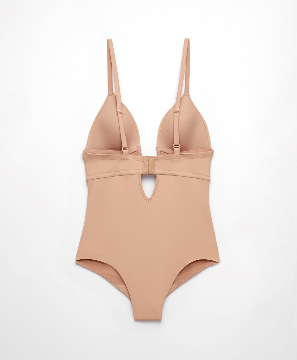 Oysho Polyamide U-neckline Pántos Body Bézs | KRJMUA-196