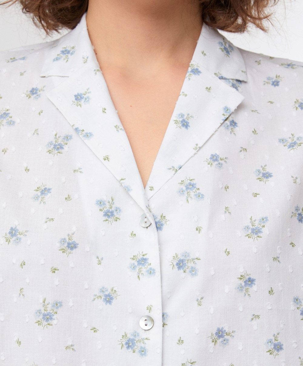 Oysho Print 100% Pamut Plumeti Rövid-sleeved Shirt Kék | GRYCMU-940