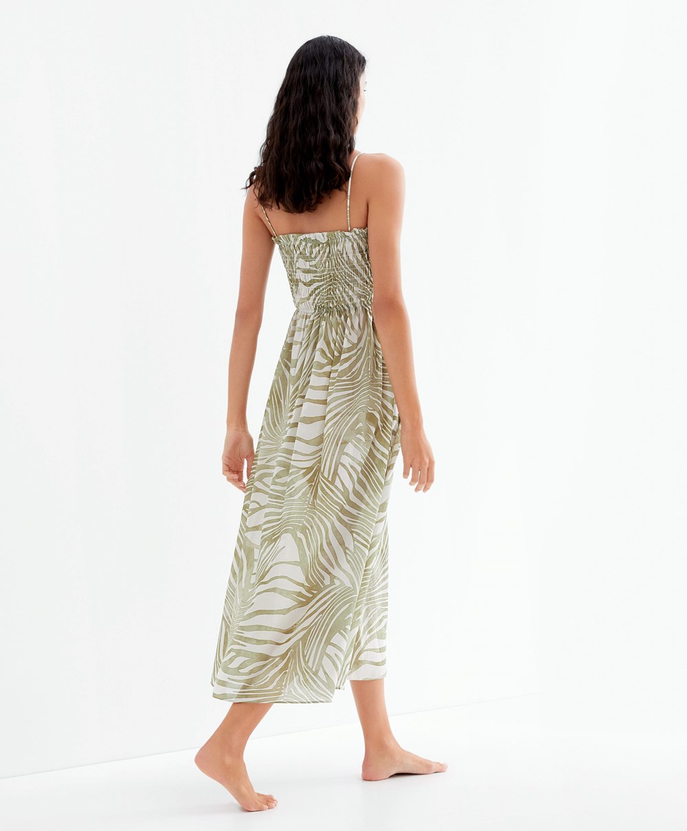 Oysho Printed 100% Pamut Pántos Midi Ruha Khaki | ERTDCW-653