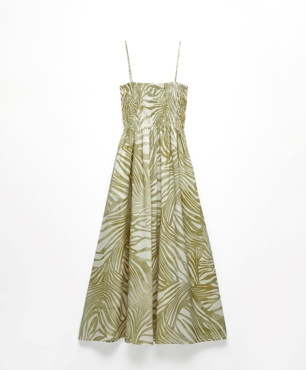 Oysho Printed 100% Pamut Pántos Midi Ruha Khaki | ERTDCW-653