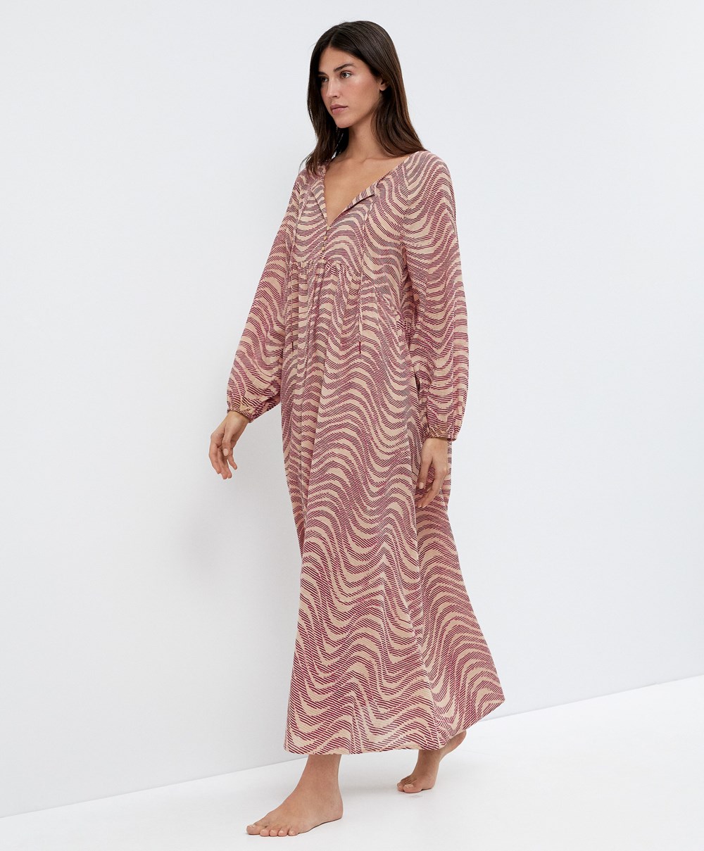 Oysho Printed 100% Pamut Tunic Ruha Bordó | YPWELX-082