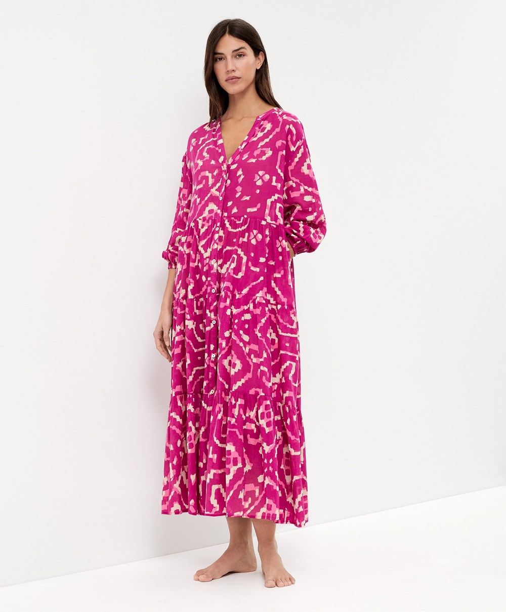 Oysho Printed 100% Pamut Tunic Ruha Bougainvillea | RJIOFV-013