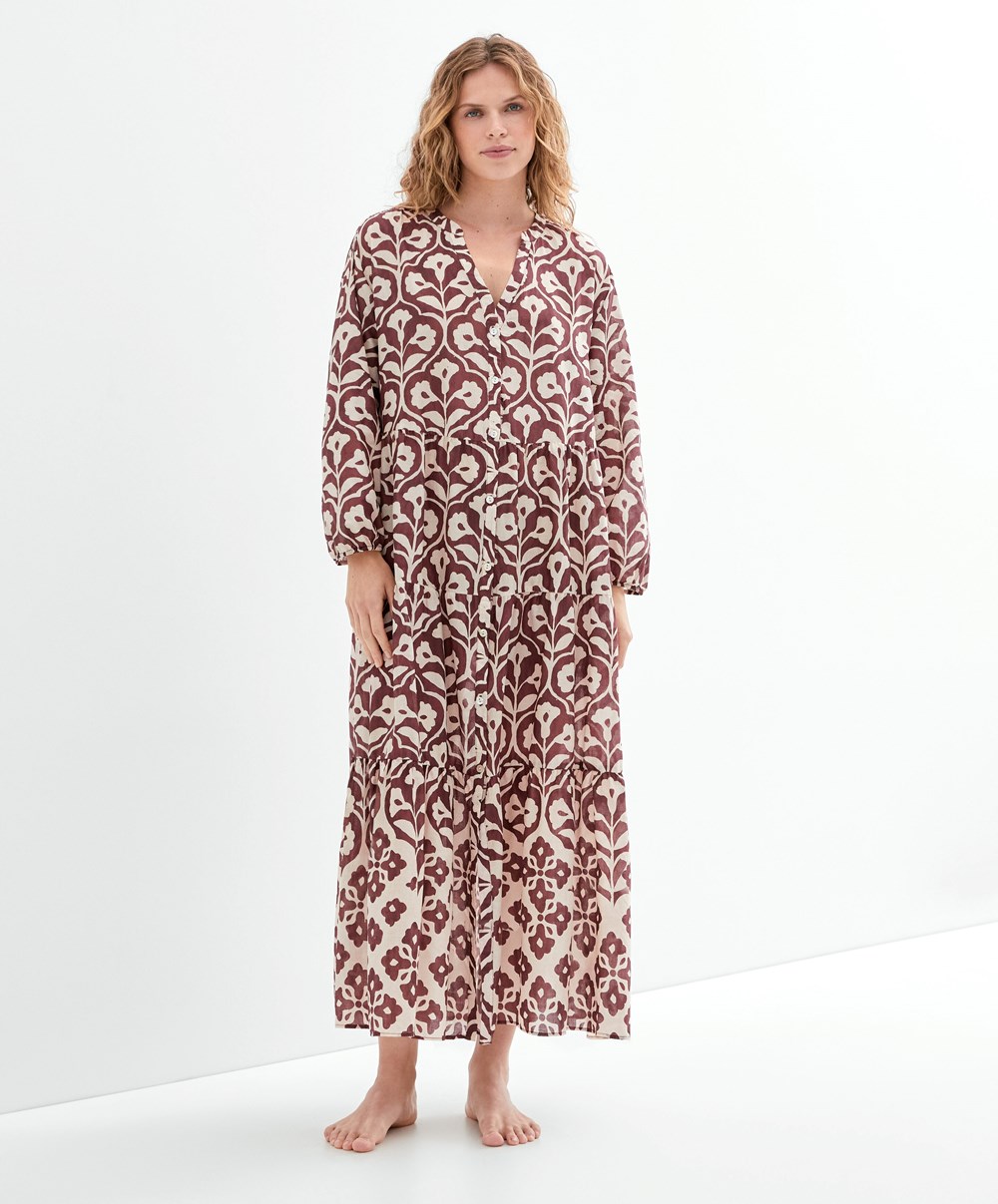 Oysho Printed 100% Pamut Tunic Ruha Csokoládé | LOKBMN-501