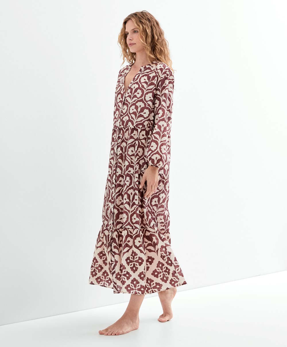 Oysho Printed 100% Pamut Tunic Ruha Csokoládé | LOKBMN-501