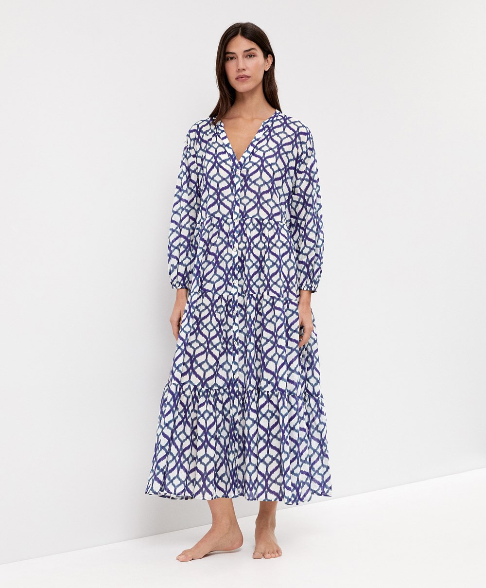 Oysho Printed 100% Pamut Tunic Ruha Ecru | ODUAFT-084