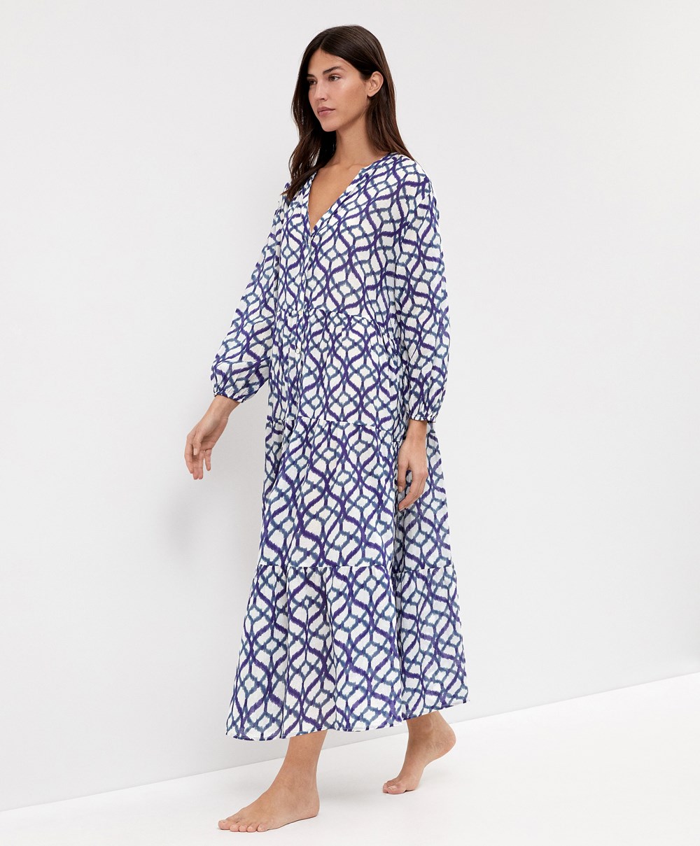 Oysho Printed 100% Pamut Tunic Ruha Ecru | ODUAFT-084