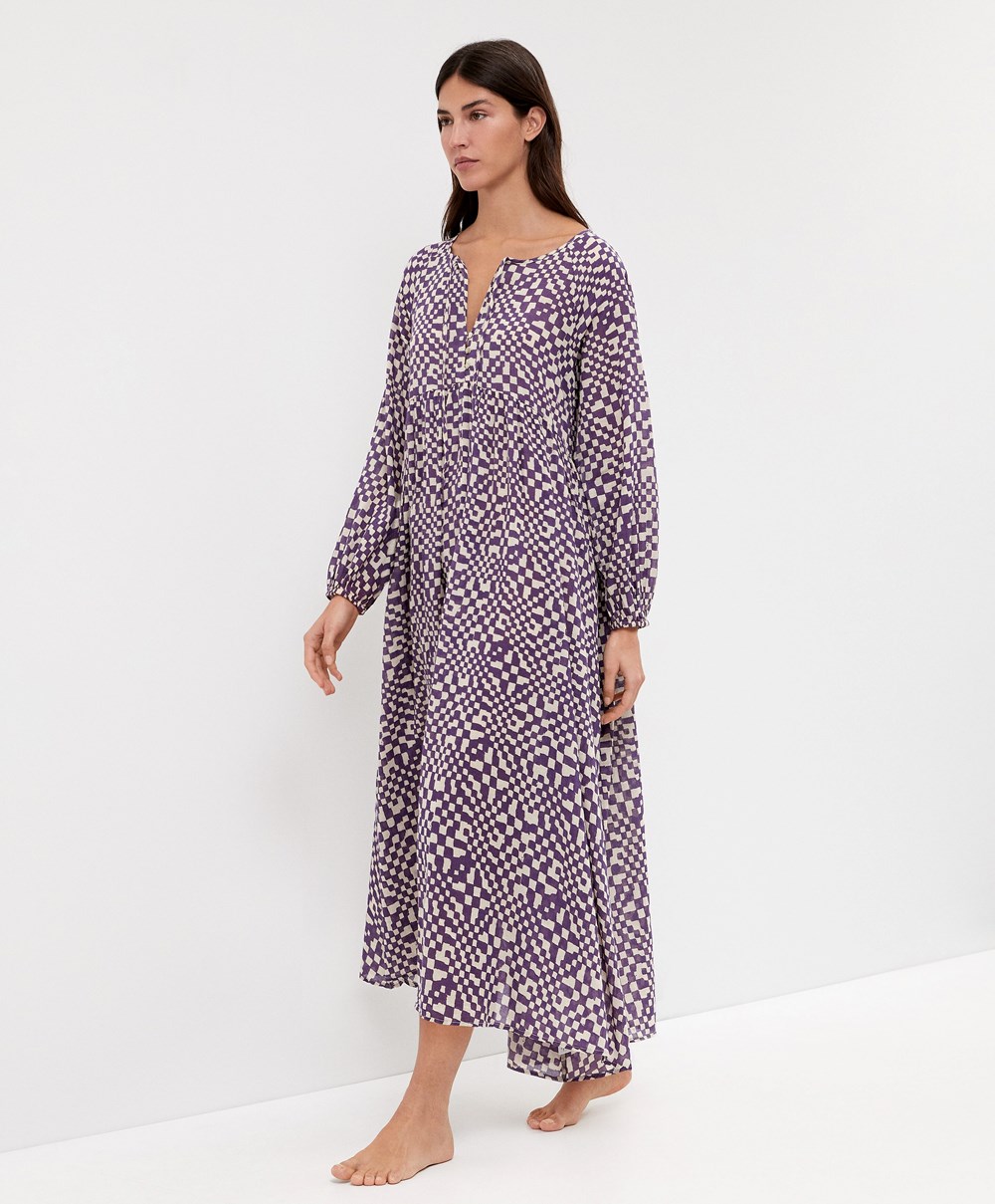 Oysho Printed 100% Pamut Tunic Ruha Mélylila | EVZHYN-035