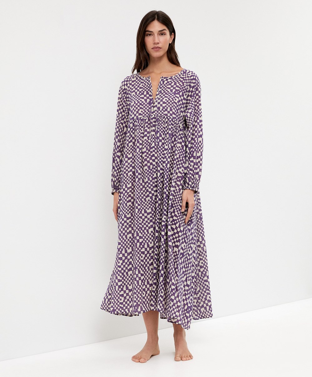 Oysho Printed 100% Pamut Tunic Ruha Mélylila | GZCVTM-582