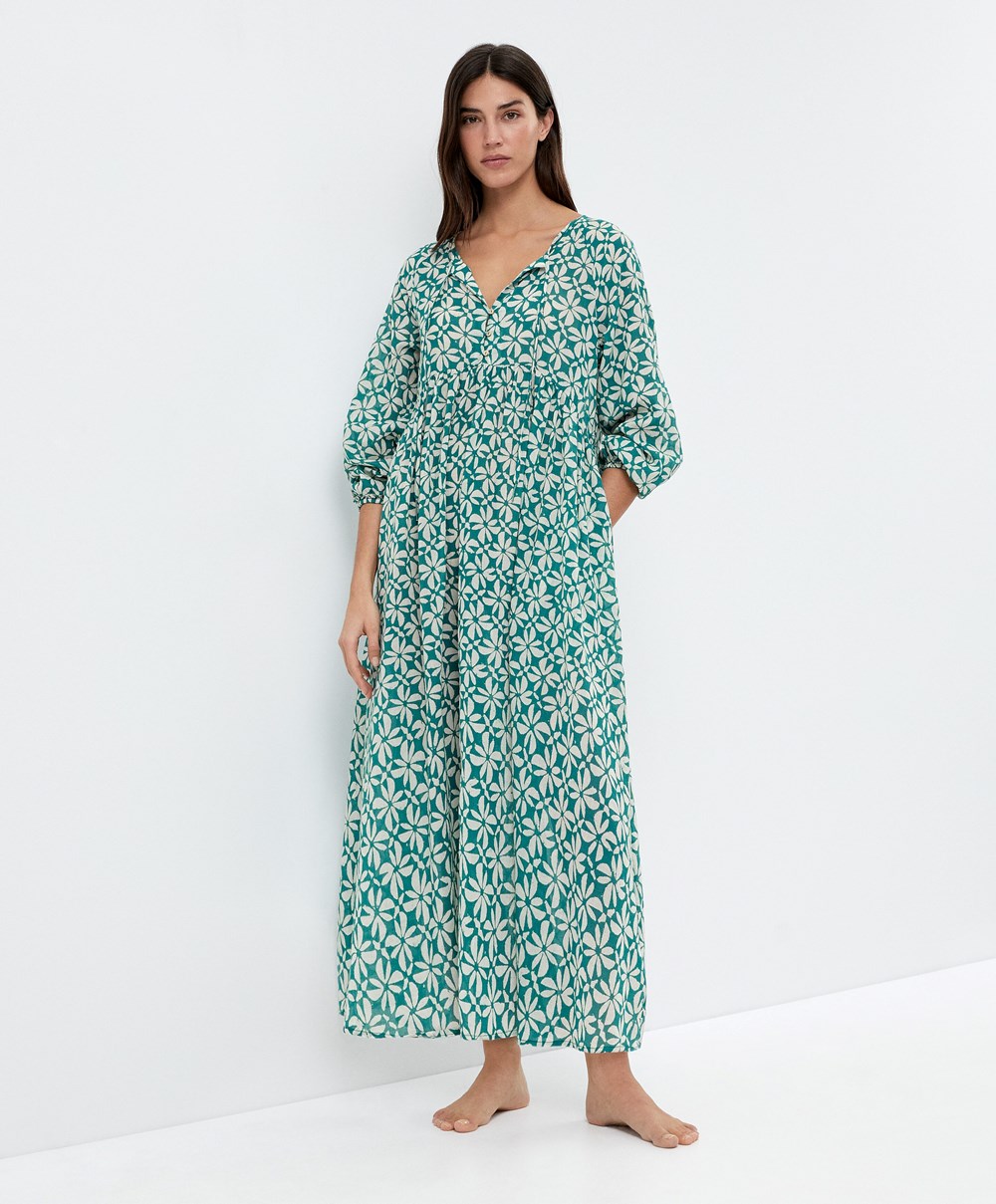 Oysho Printed 100% Pamut Tunic Ruha Zöld | DYHBOP-486