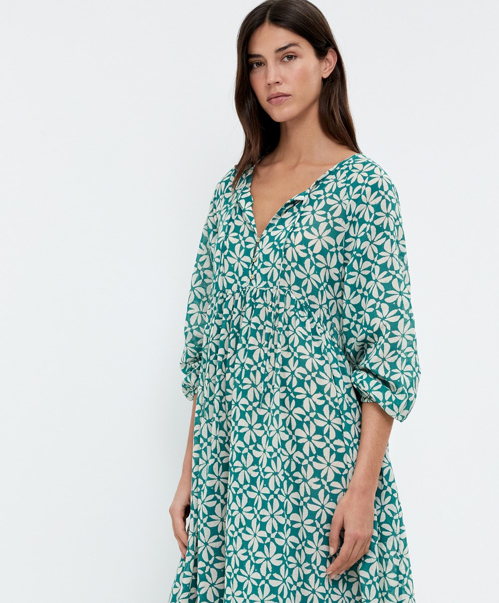 Oysho Printed 100% Pamut Tunic Ruha Zöld | DYHBOP-486