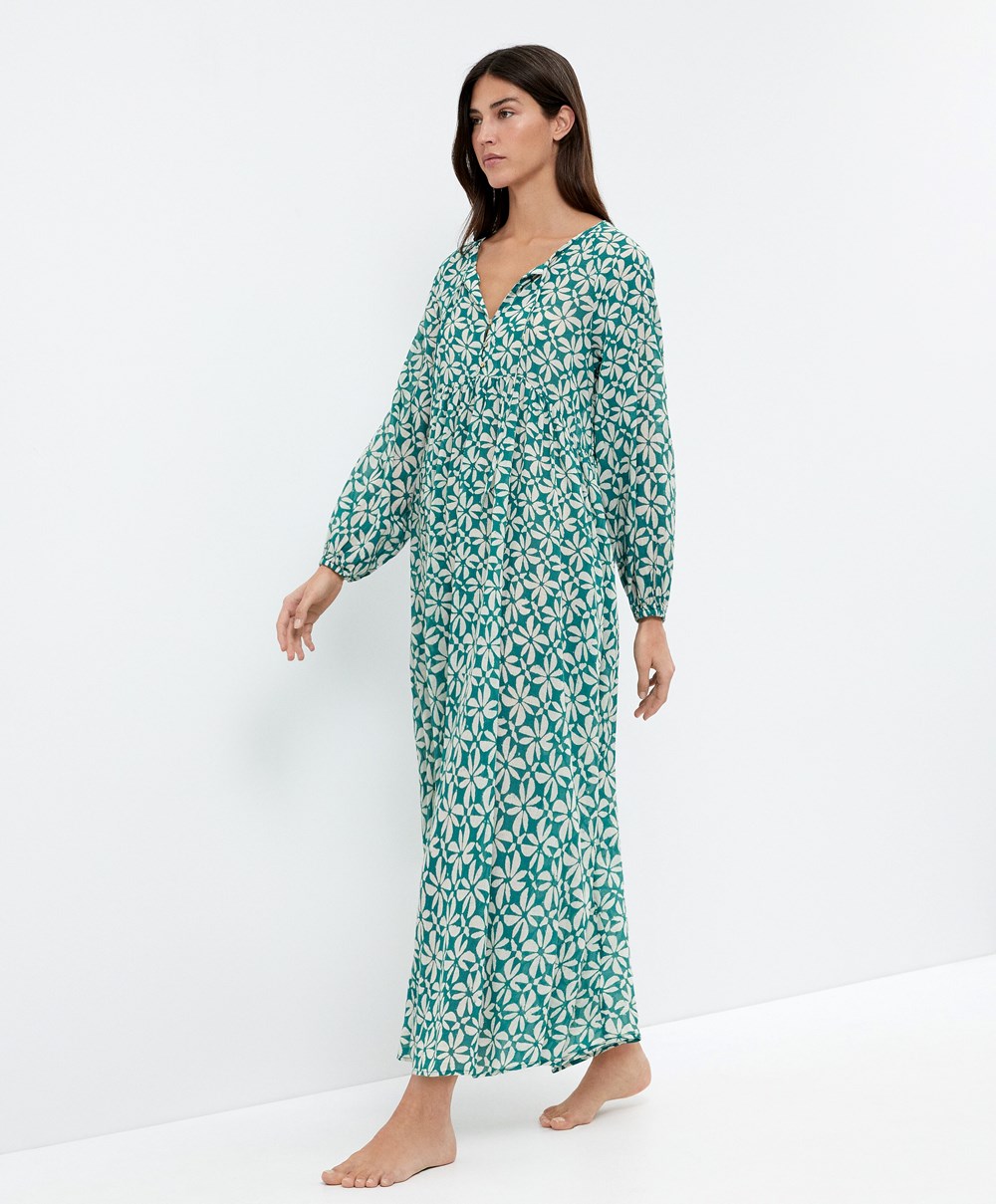 Oysho Printed 100% Pamut Tunic Ruha Zöld | DYHBOP-486