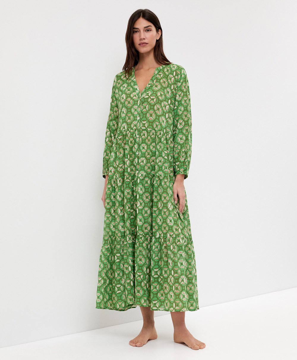 Oysho Printed 100% Pamut Tunic Ruha Zöld | QGSLVO-438