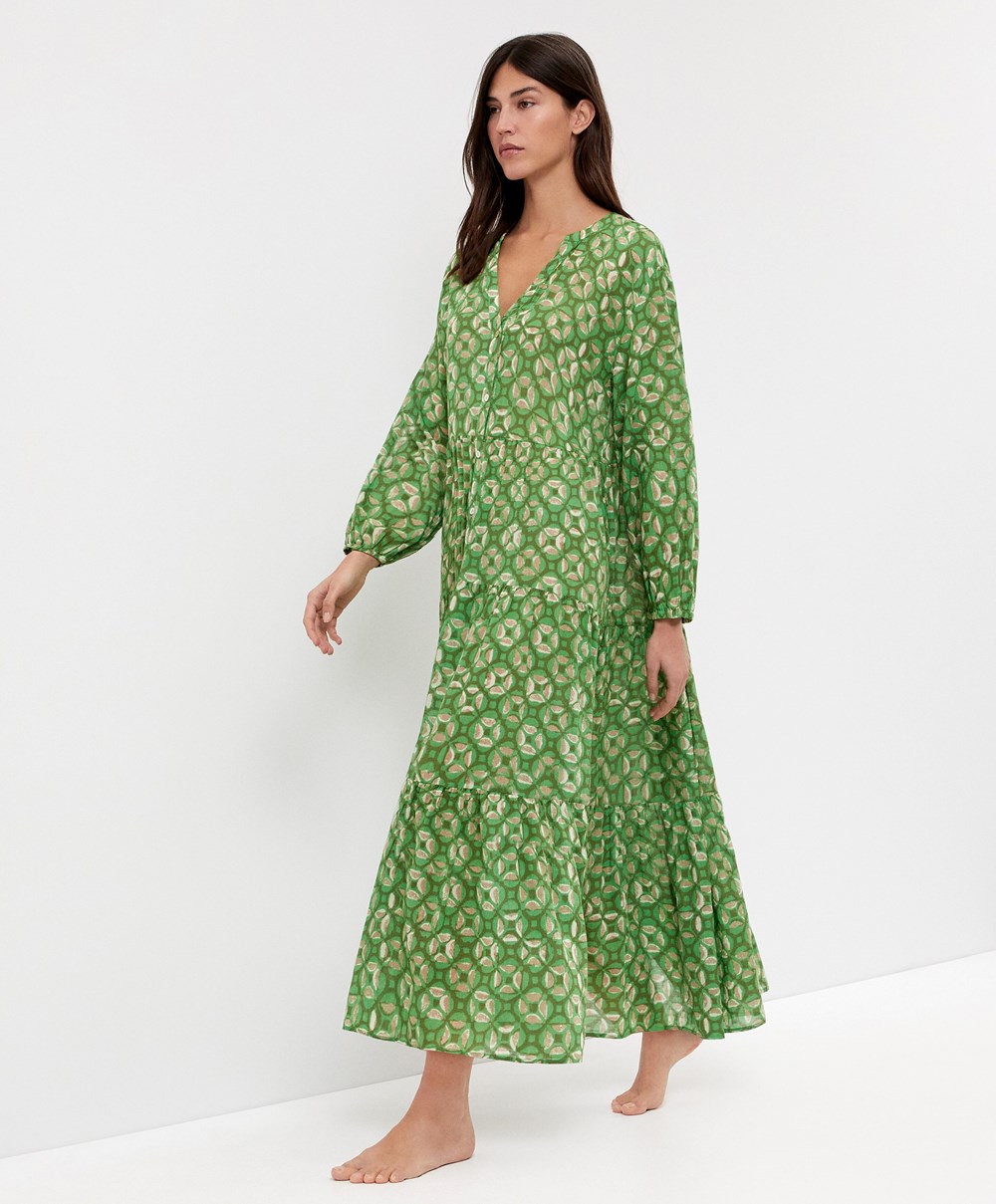 Oysho Printed 100% Pamut Tunic Ruha Zöld | QGSLVO-438