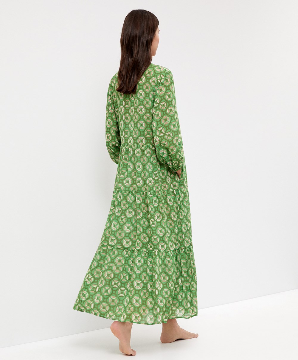 Oysho Printed 100% Pamut Tunic Ruha Zöld | XYDJNO-039