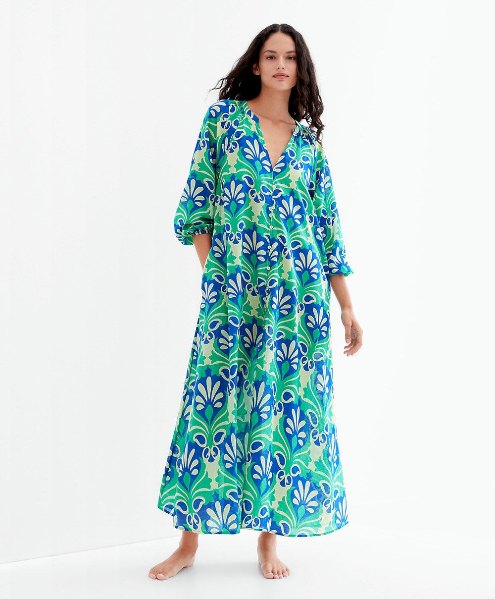 Oysho Printed Pamut Tunic Ruha Zöld | TNWEMH-580