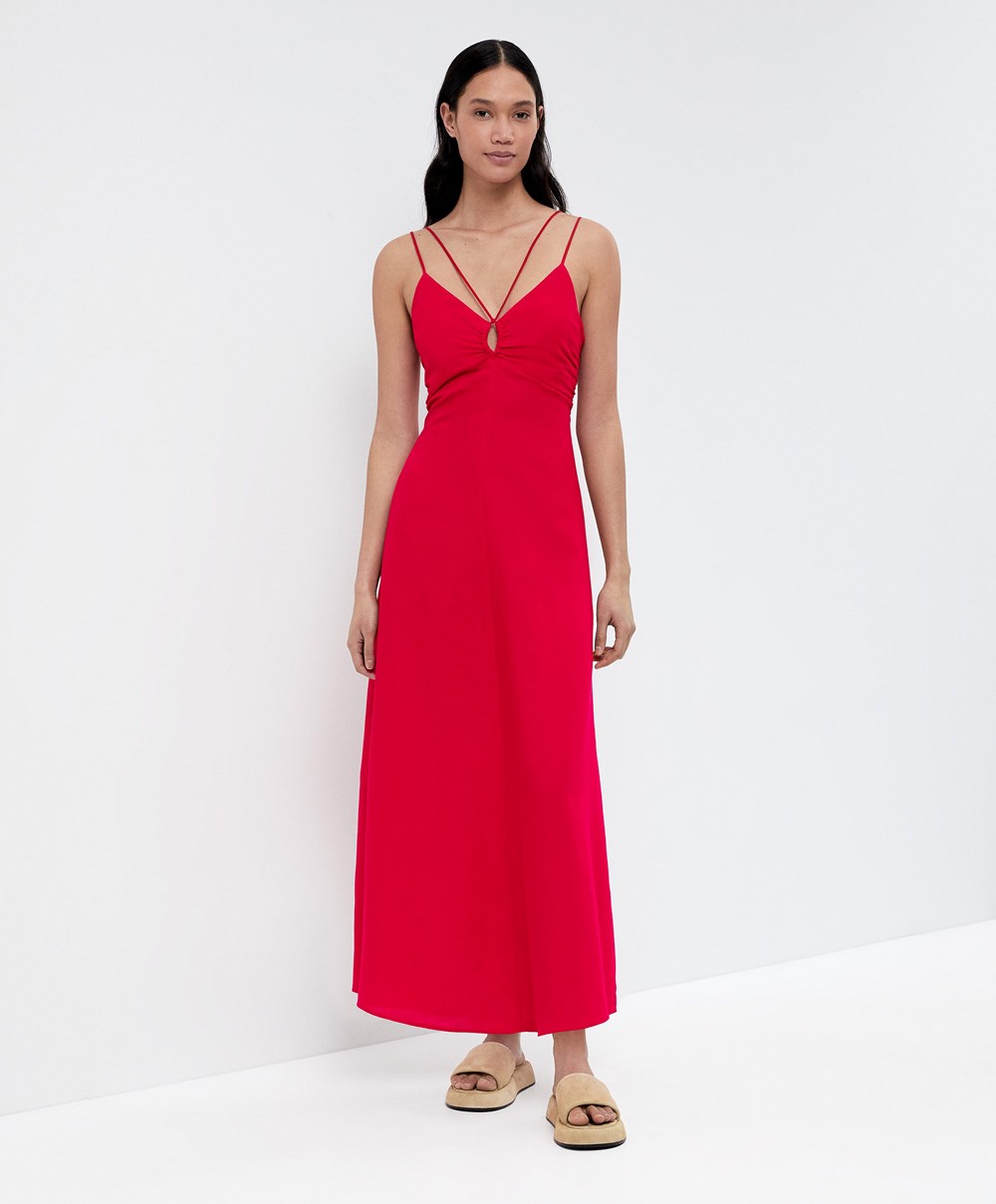 Oysho Pántos Linen Midi Ruha Piros | ERYILZ-863