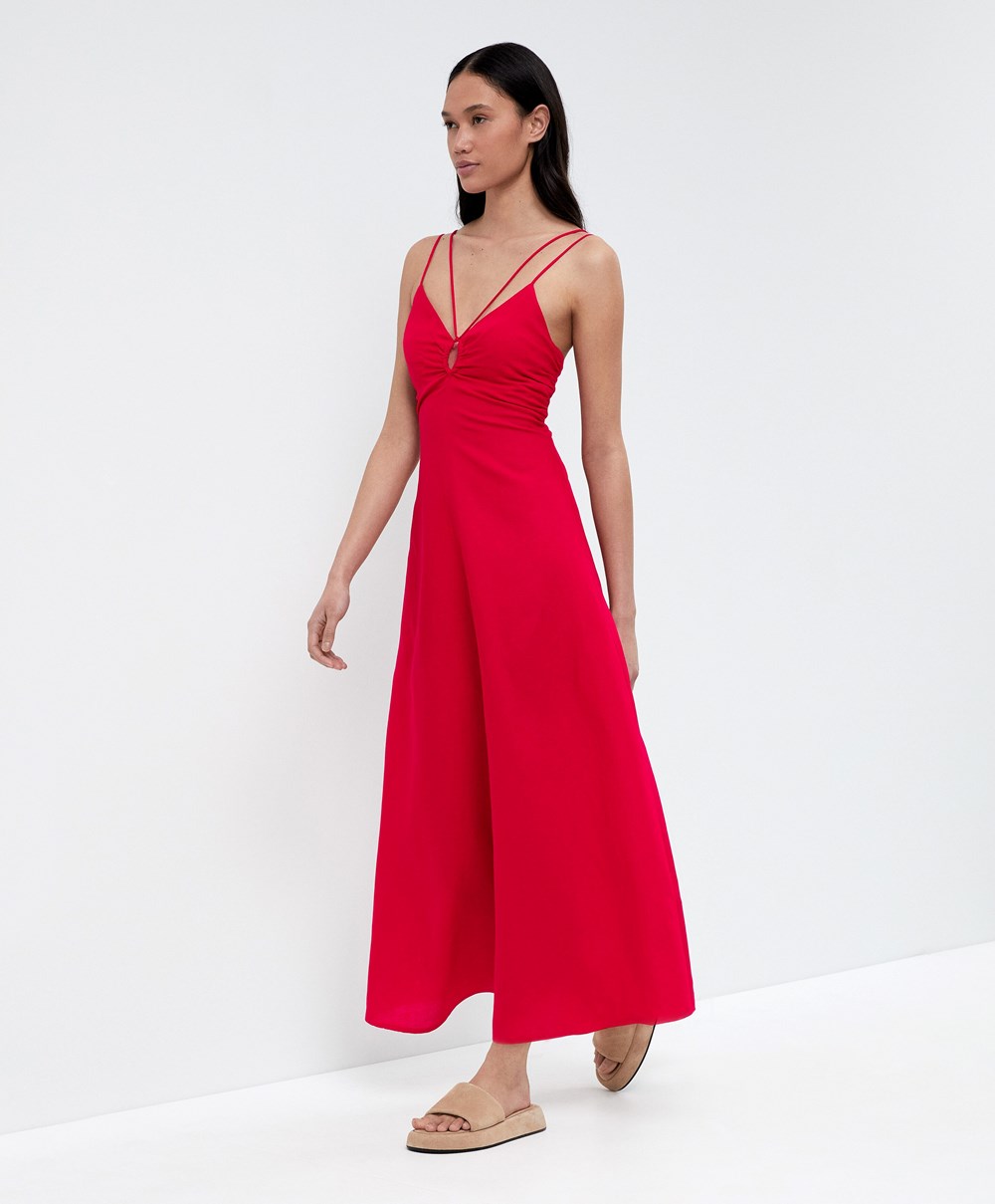 Oysho Pántos Linen Midi Ruha Piros | ERYILZ-863